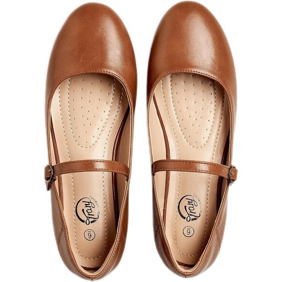 Trary Flat Shoes Women Brown Polyurethane (PU) Toe Ankle Strap Comfortable Shoes
